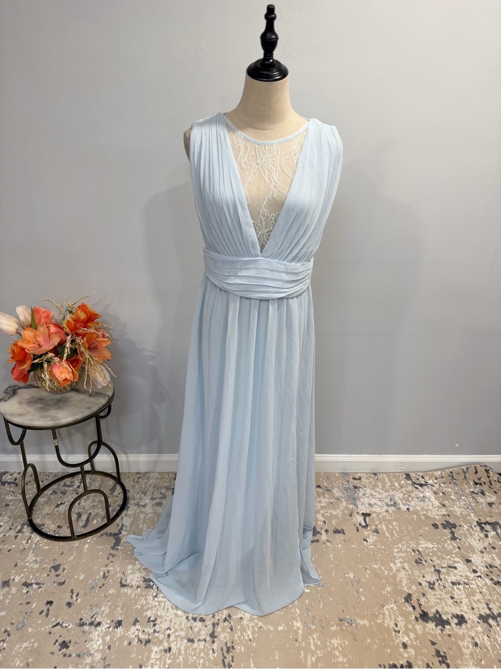 Lulus Elegant Lace-Detail Light Blue Chiffon Evening Dress - Size Medium